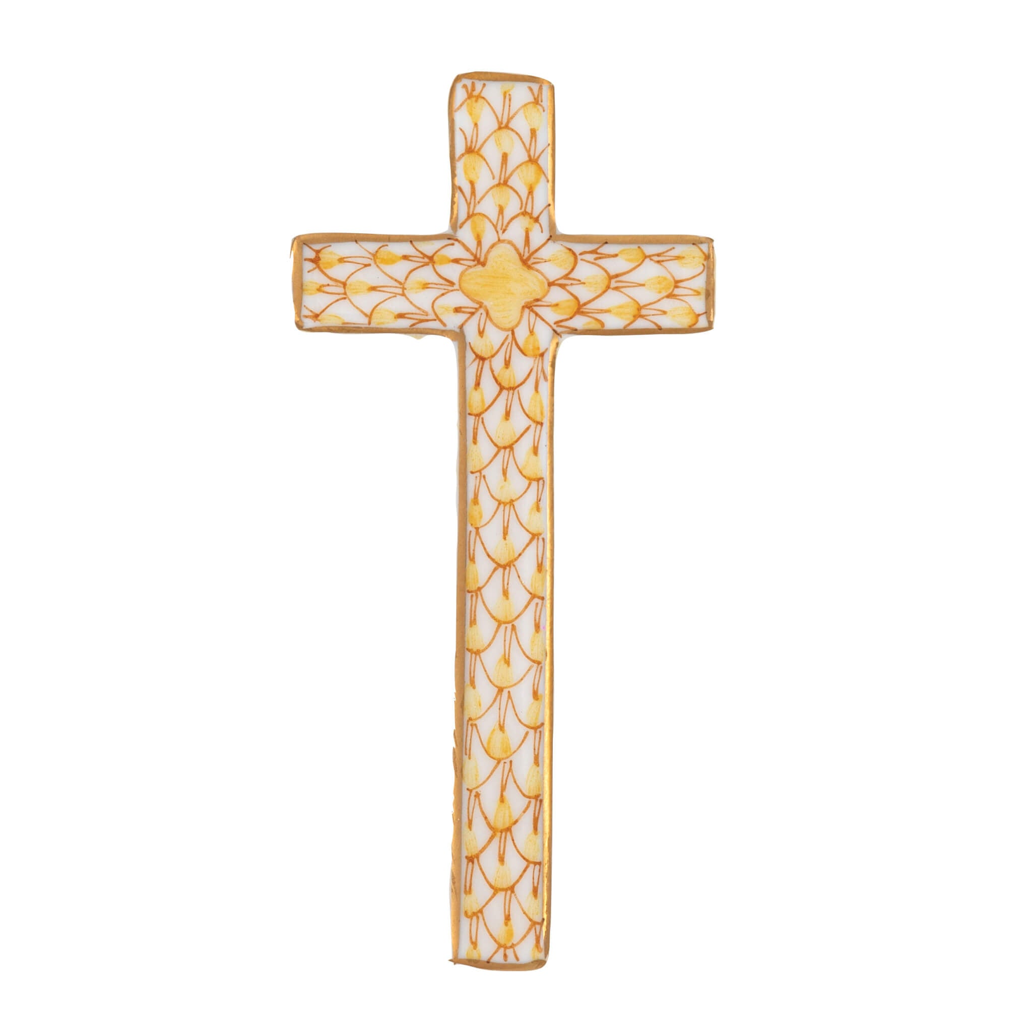 Herend Miniature Cross figurine in Butterscotch with warm butterscotch yellow fishnet pattern with gold accents on a white background