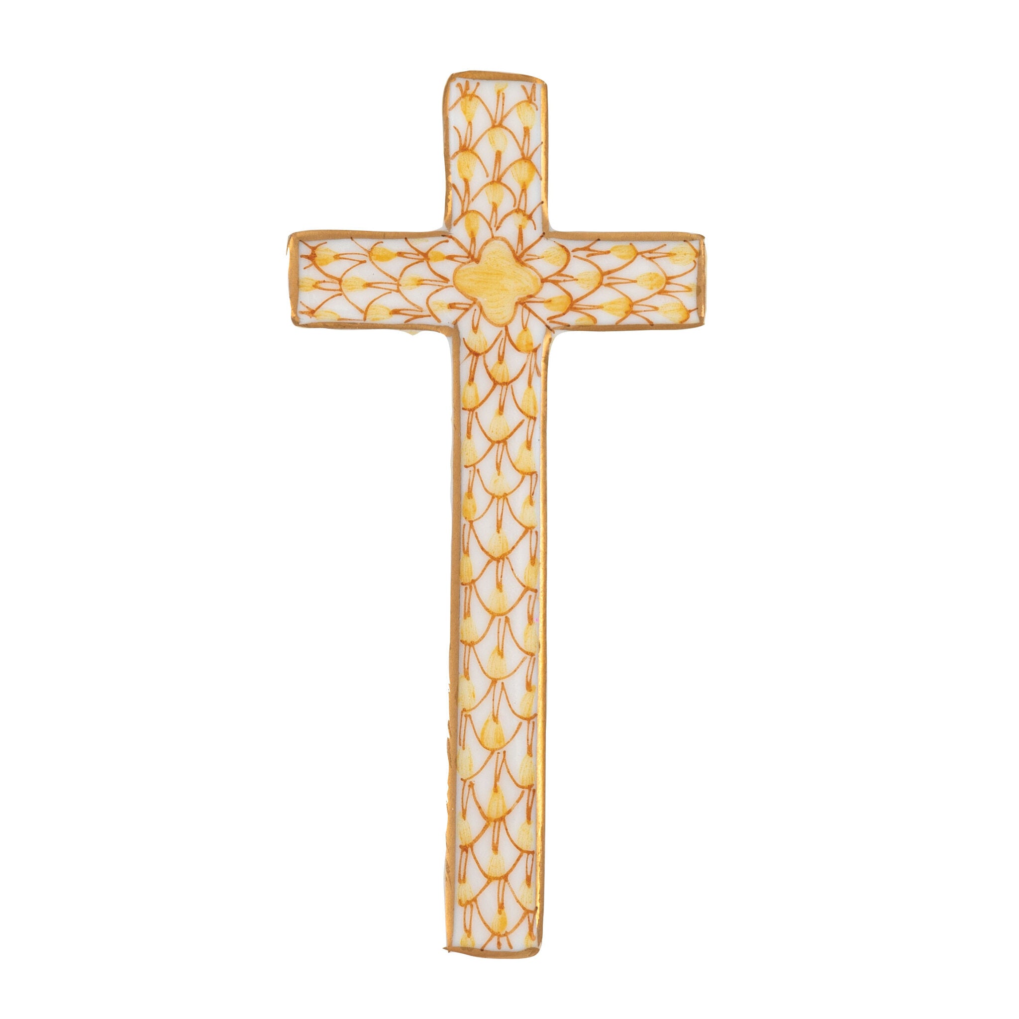 Herend Miniature Cross Figurine porcelain figurine painted in the Butterscotch fishnet pattern