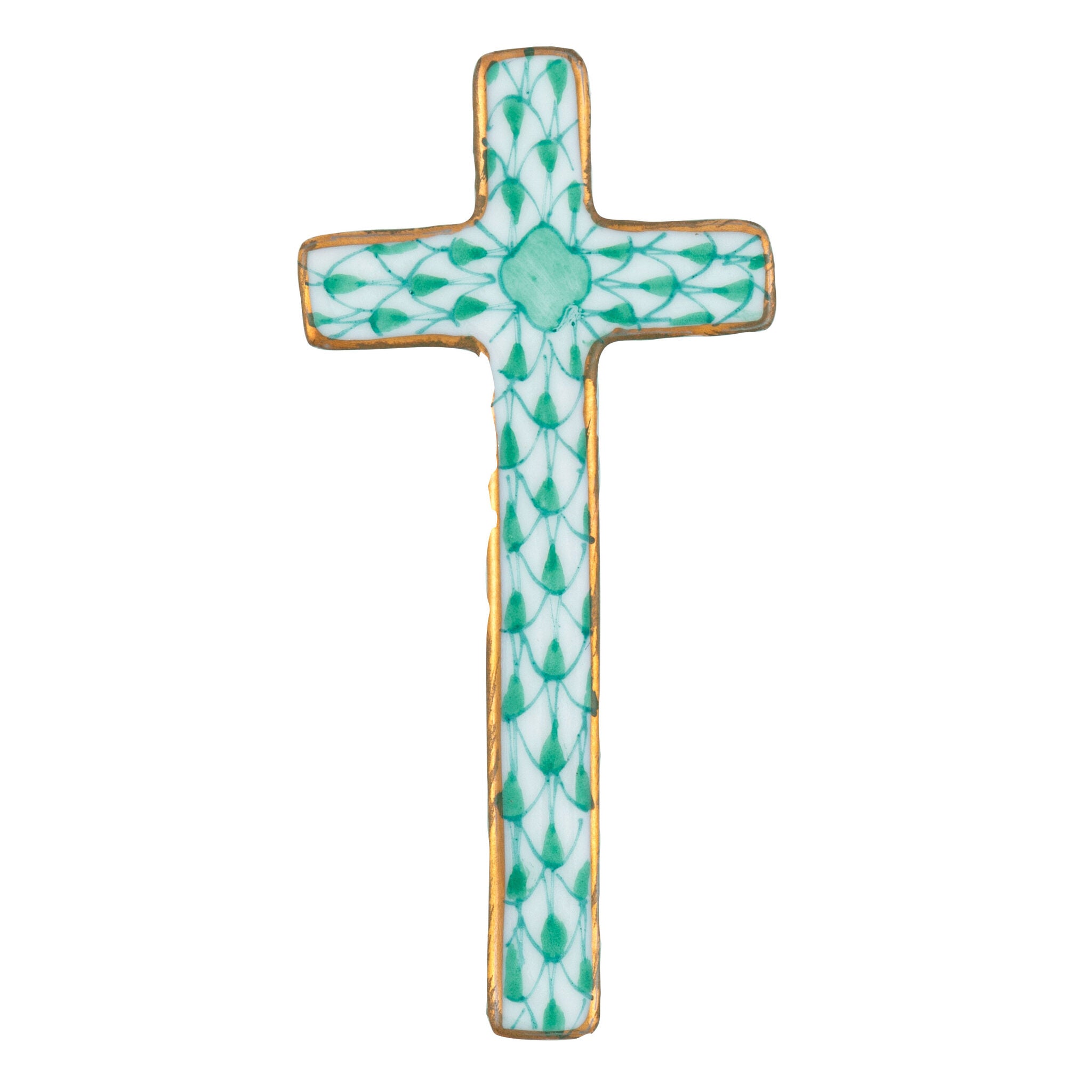 Hand-painted Herend Miniature Cross Figurine in Green fishnet porcelain on a white background