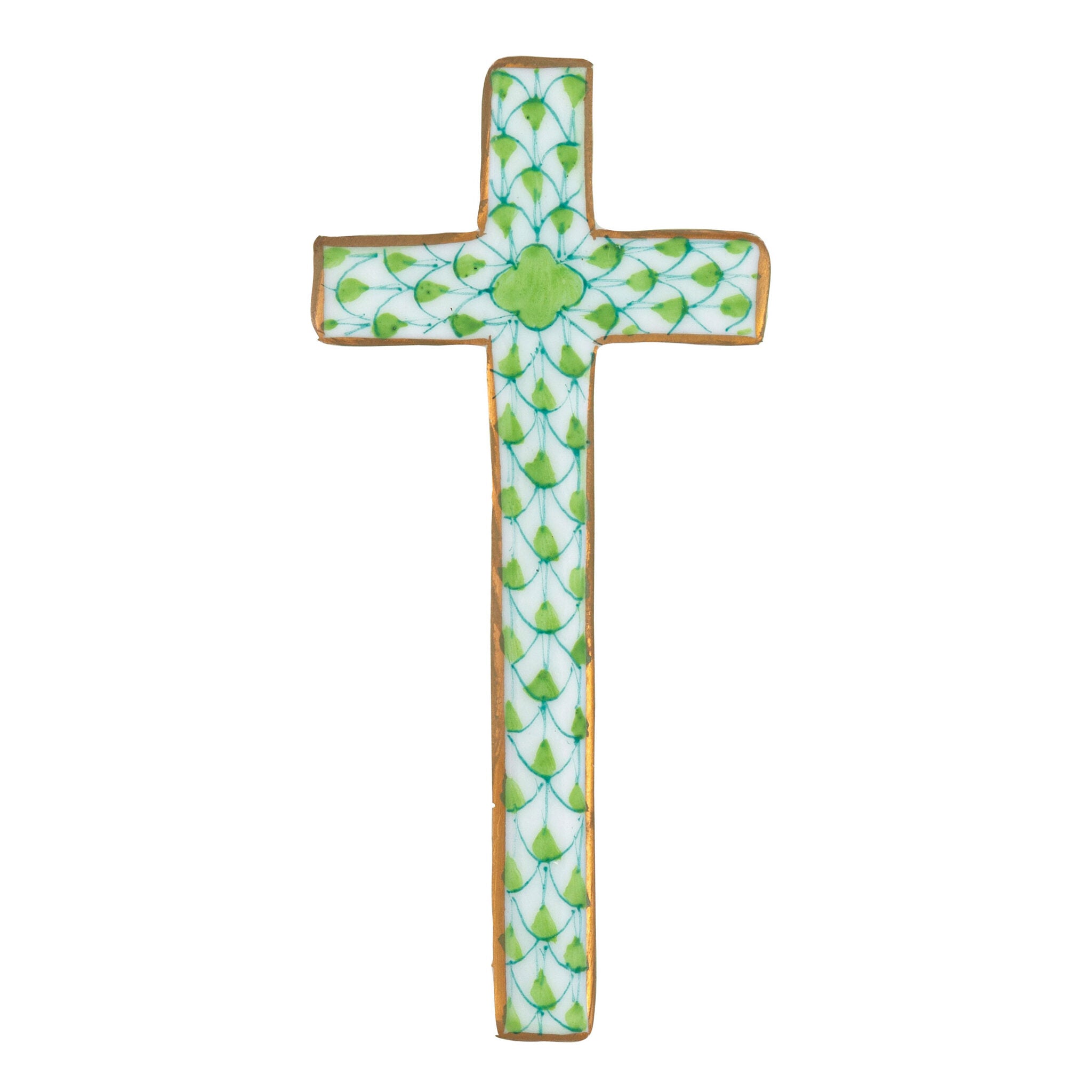 Key Lime fishnet Miniature Cross Figurine figurine, hand-painted Herend porcelain with 24k gold accents