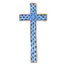 Hand-painted Herend Miniature Cross Figurine in Sapphire fishnet porcelain on a white background
