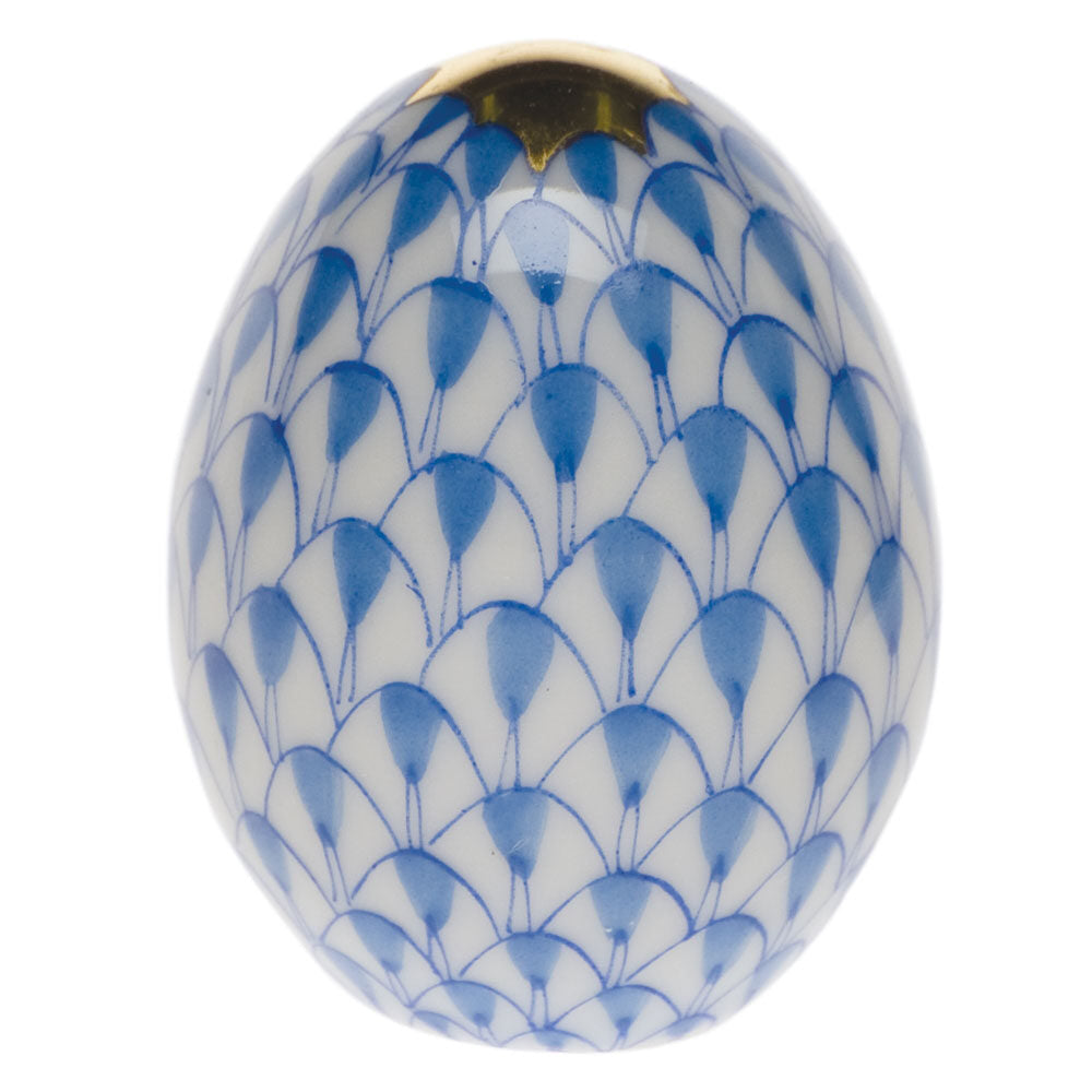 Hand-painted Herend Miniature Egg Figurine in Blue fishnet porcelain on a white background