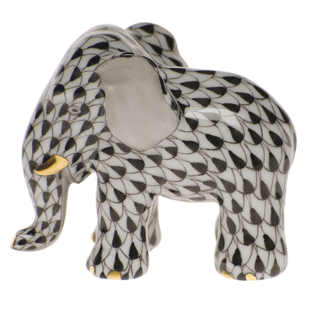 Hand-painted Herend Miniature Elephant Figurine in Black fishnet porcelain on a white background