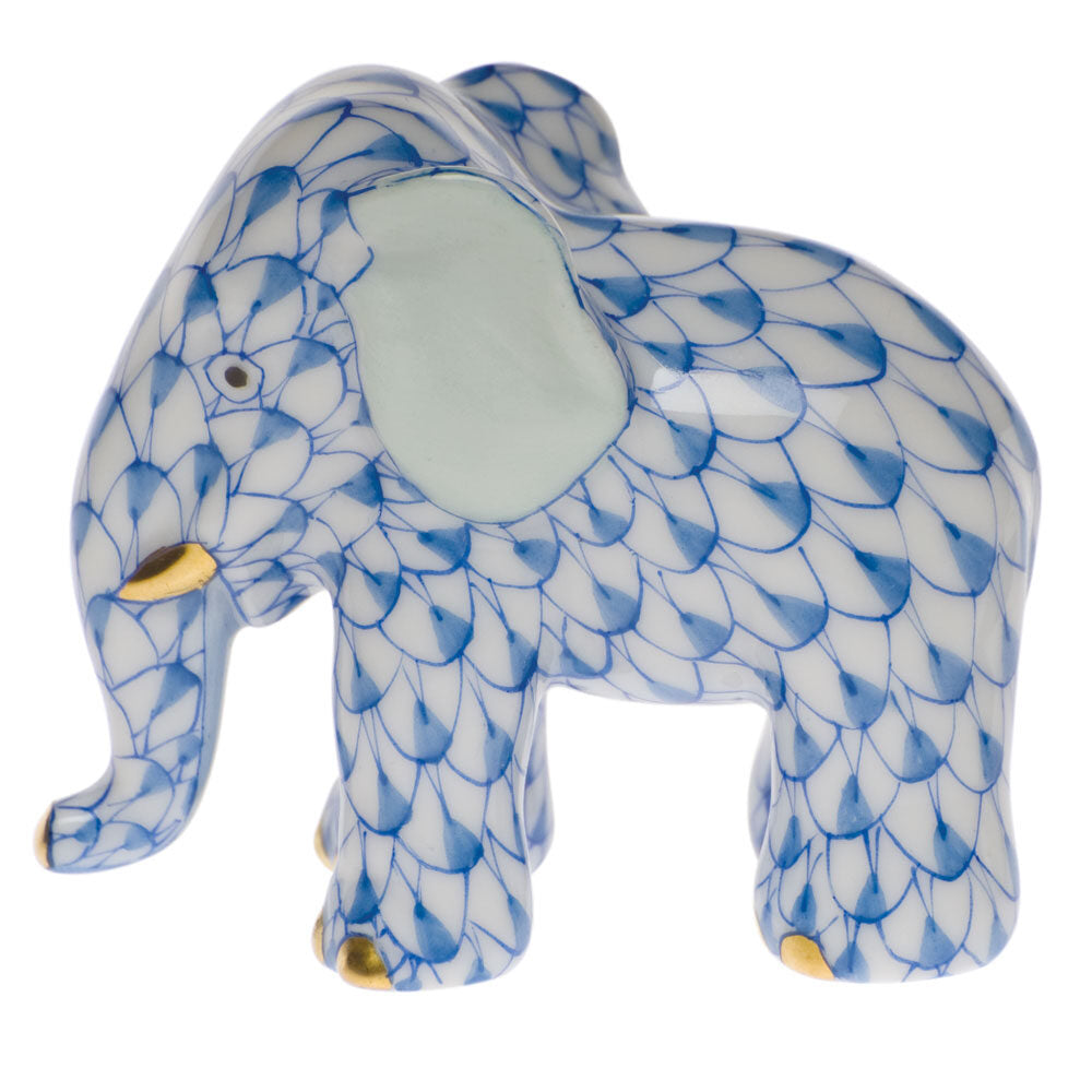Hand-painted Herend Miniature Elephant Figurine in Blue fishnet porcelain on a white background