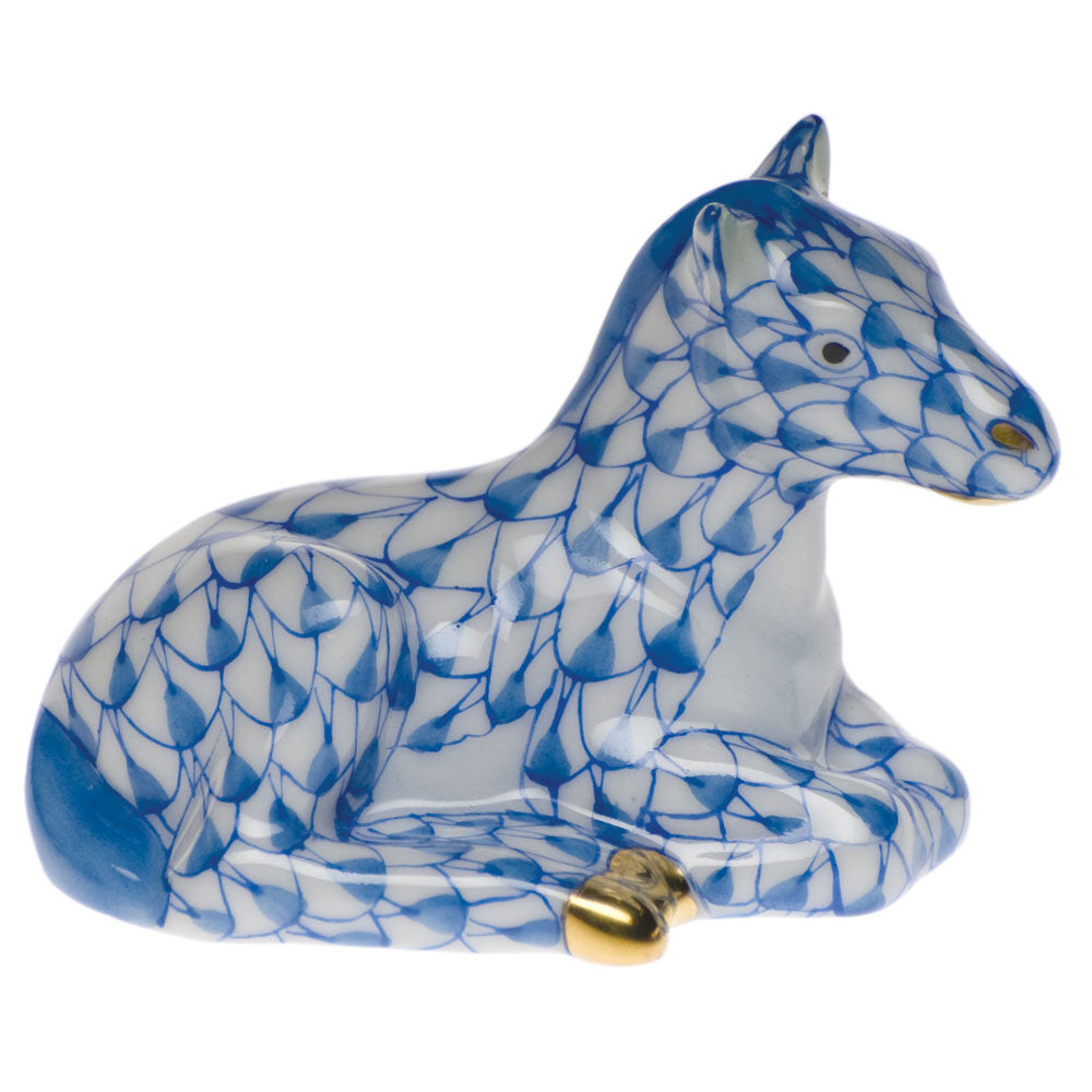 Hand-painted Herend Miniature Horse Figurine in Blue fishnet porcelain on a white background