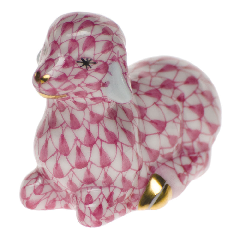 Hand-painted Herend Miniature Lamb Figurine in Raspberry fishnet porcelain on a white background
