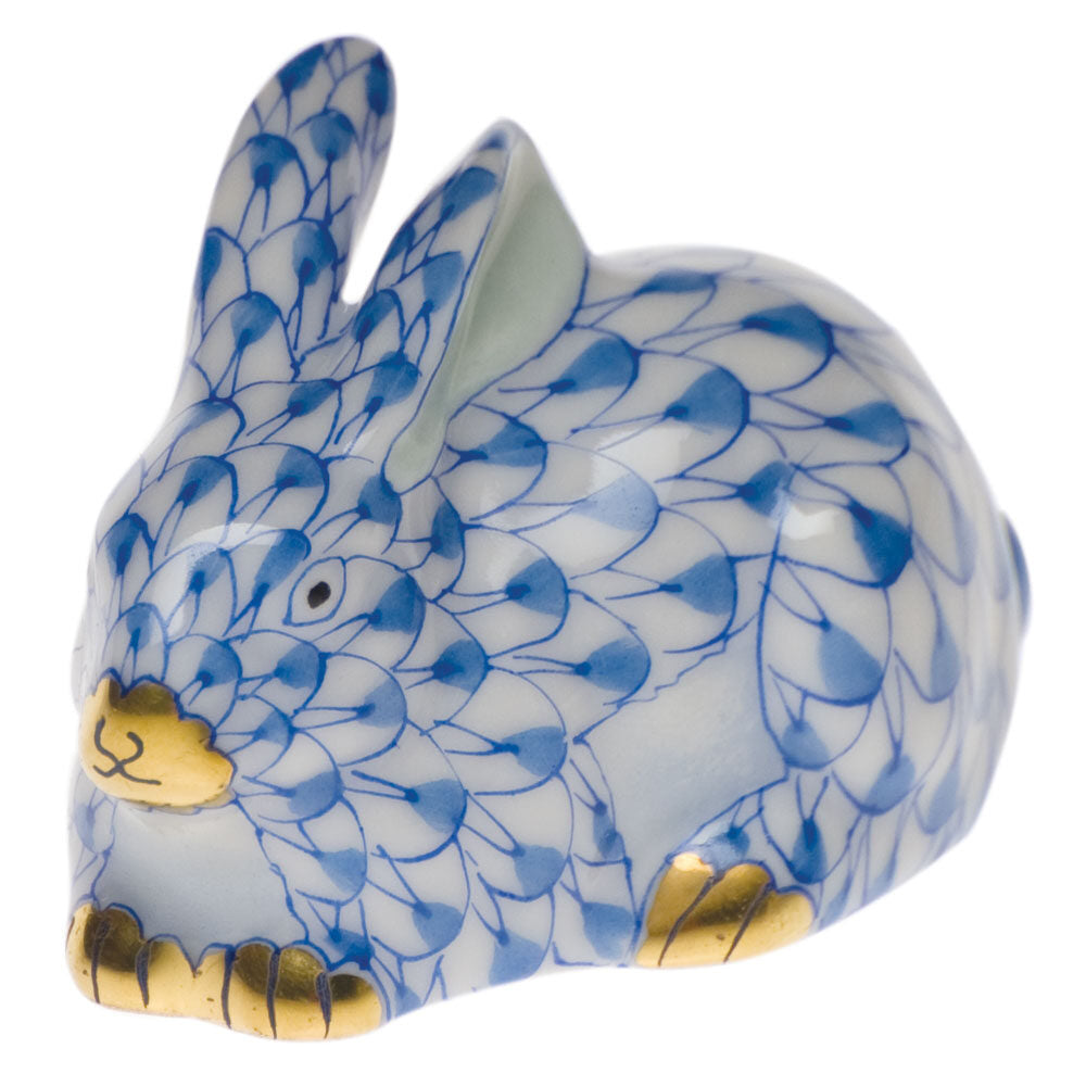 Blue fishnet Miniature Lying Rabbit Figurine figurine, hand-painted Herend porcelain with 24k gold accents