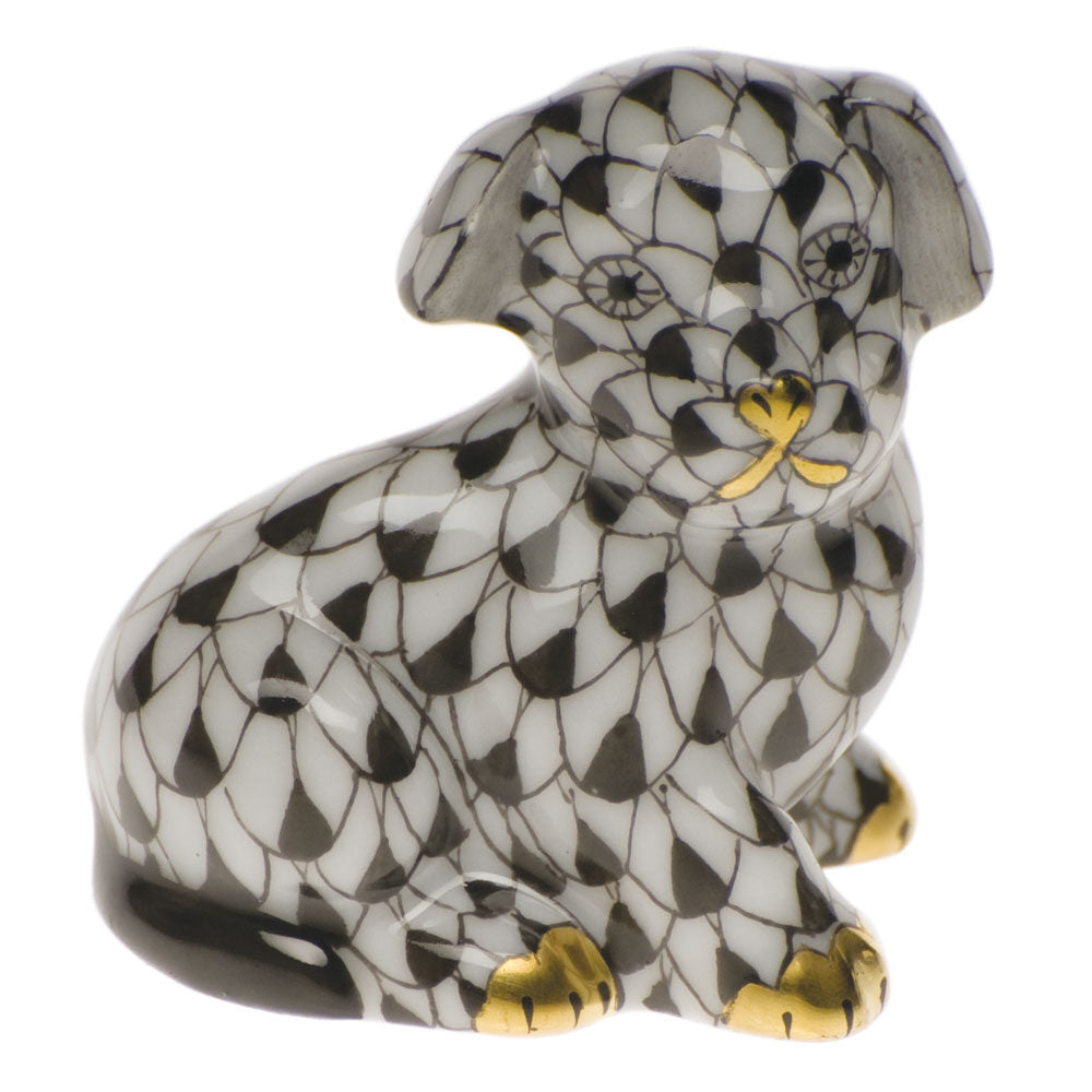 Hand-painted Herend Miniature Puppy Figurine in Black fishnet porcelain on a white background