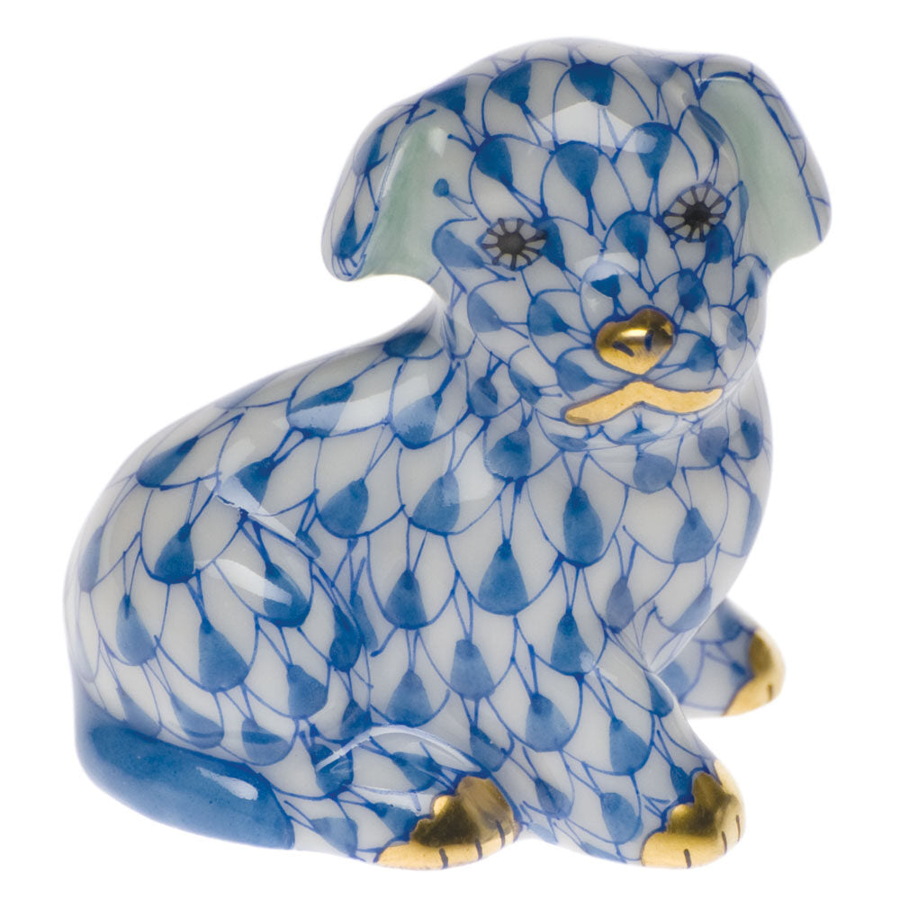 Blue fishnet Miniature Puppy Figurine figurine, hand-painted Herend porcelain with 24k gold accents