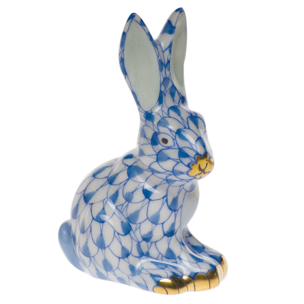 Blue fishnet Miniature Sitting Rabbit Figurine figurine, hand-painted Herend porcelain with 24k gold accents