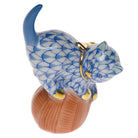 Hand-painted Herend Mischievous Cat Figurine in Blue fishnet porcelain on a white background
