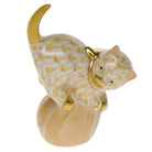 Hand-painted Herend Mischievous Cat Figurine in Butterscotch fishnet porcelain on a white background