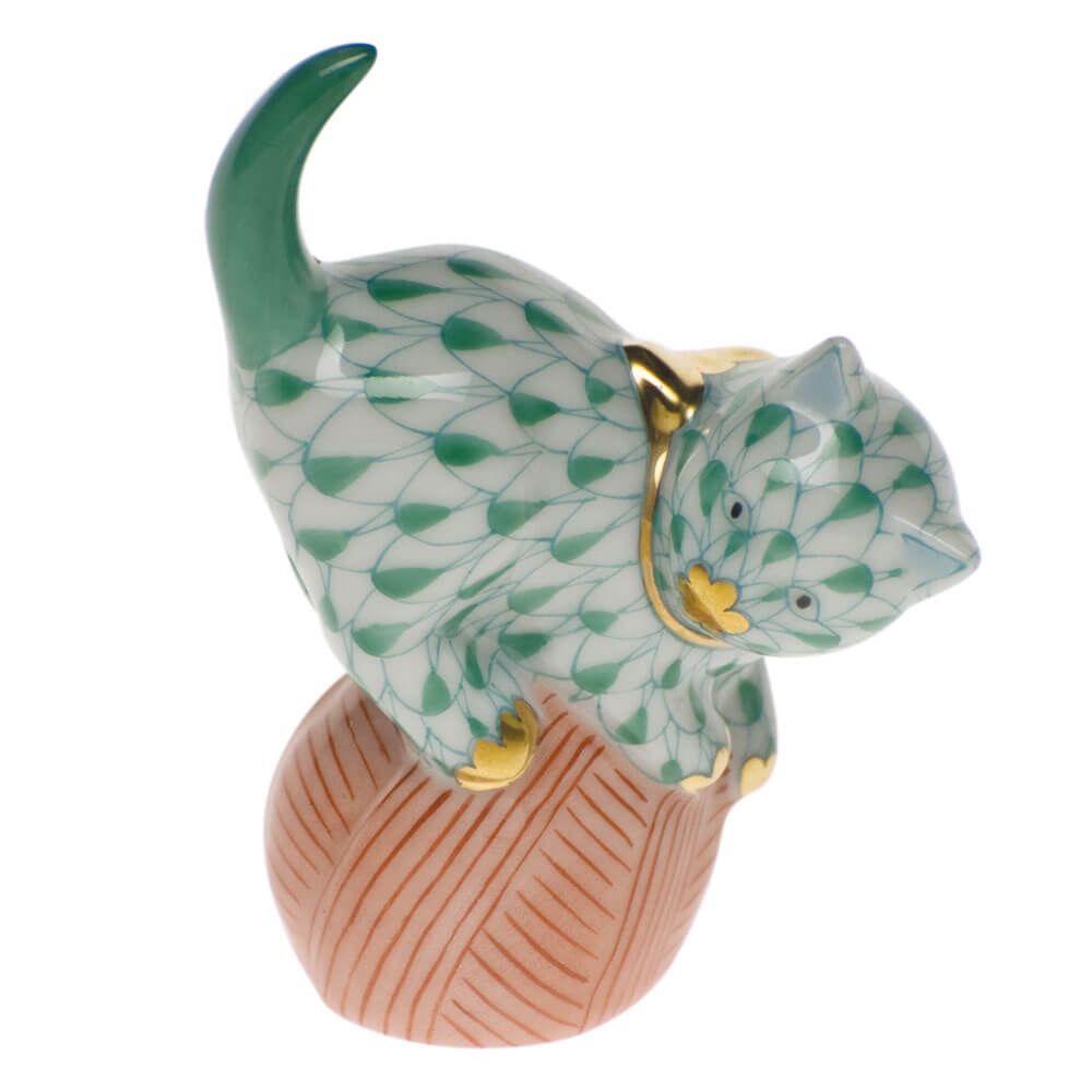 Green fishnet Mischievous Cat Figurine figurine, hand-painted Herend porcelain with 24k gold accents