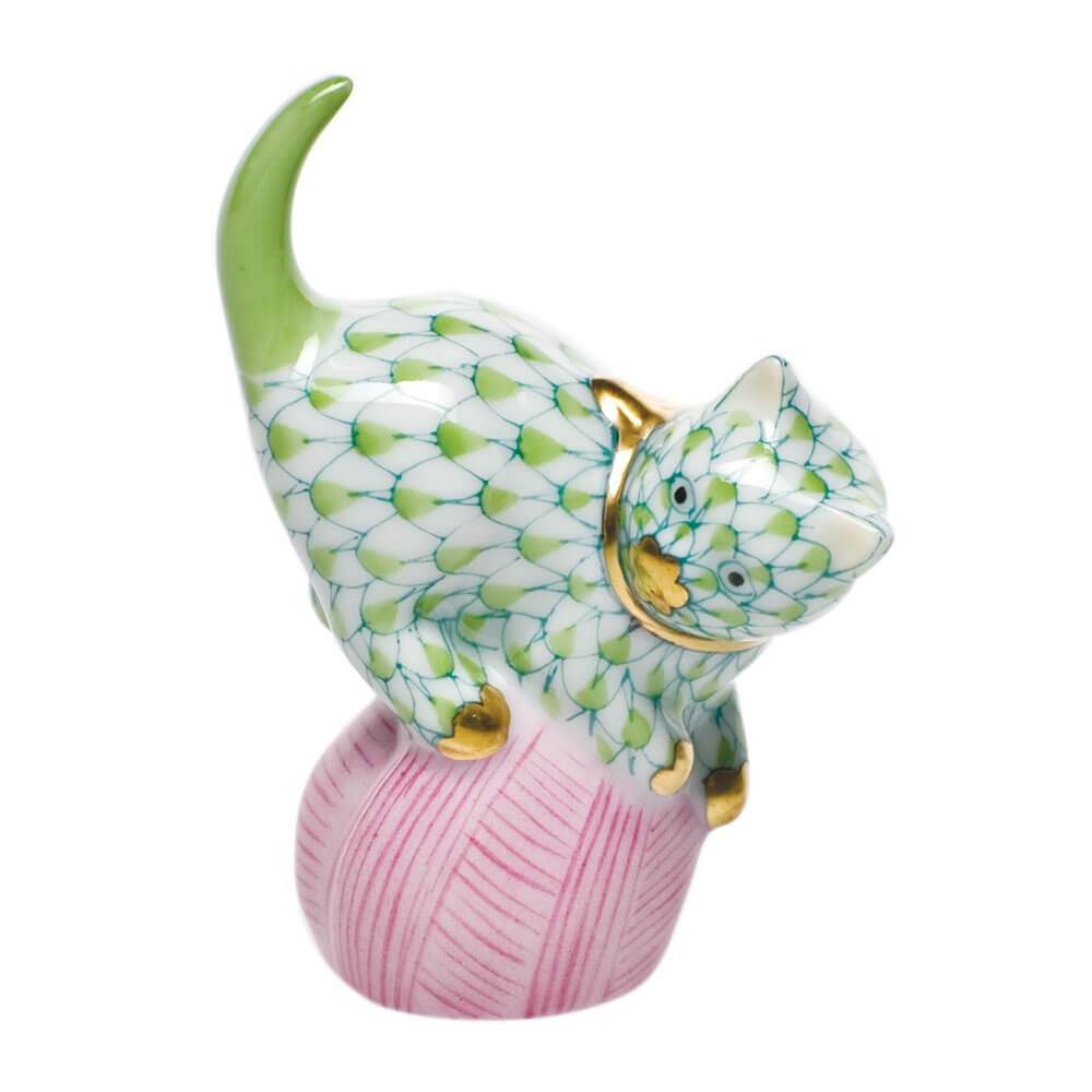 Mischievous Cat Figurine in hand-painted Key Lime porcelain by Herend of Hungary