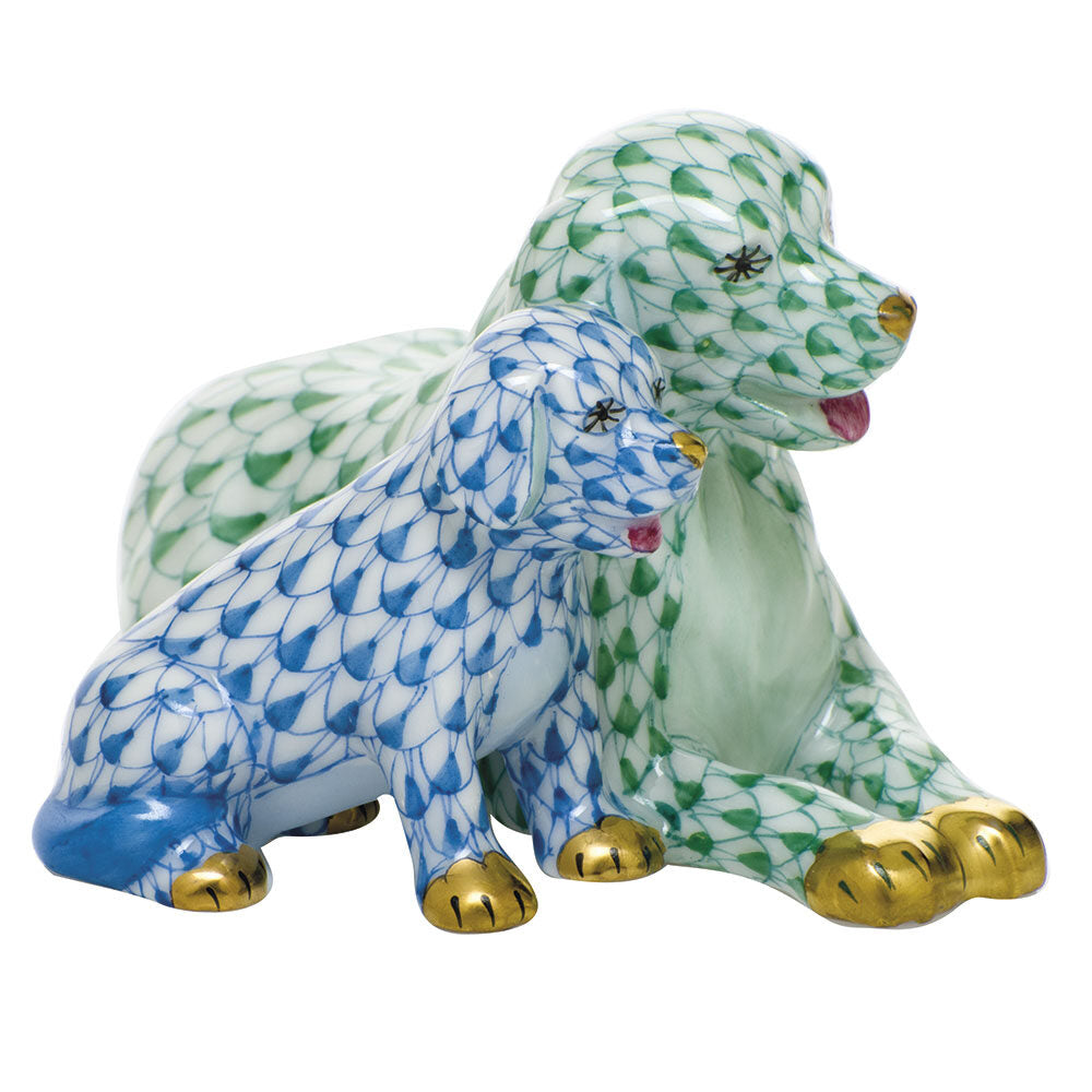 Hand-painted Herend Mommy and Me Figurine in Blue-Green fishnet porcelain on a white background