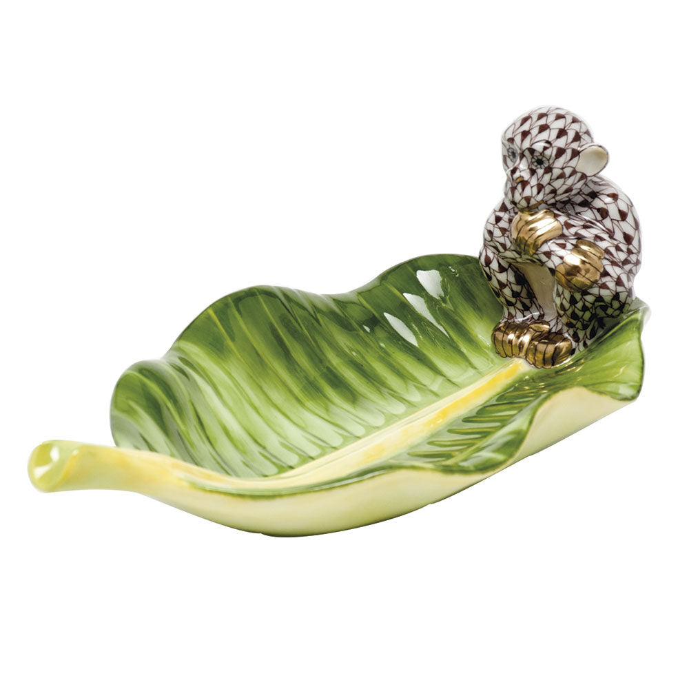 Chocolate fishnet Monkey on Banana Leaf Figurine figurine, hand-painted Herend porcelain with 24k gold accents