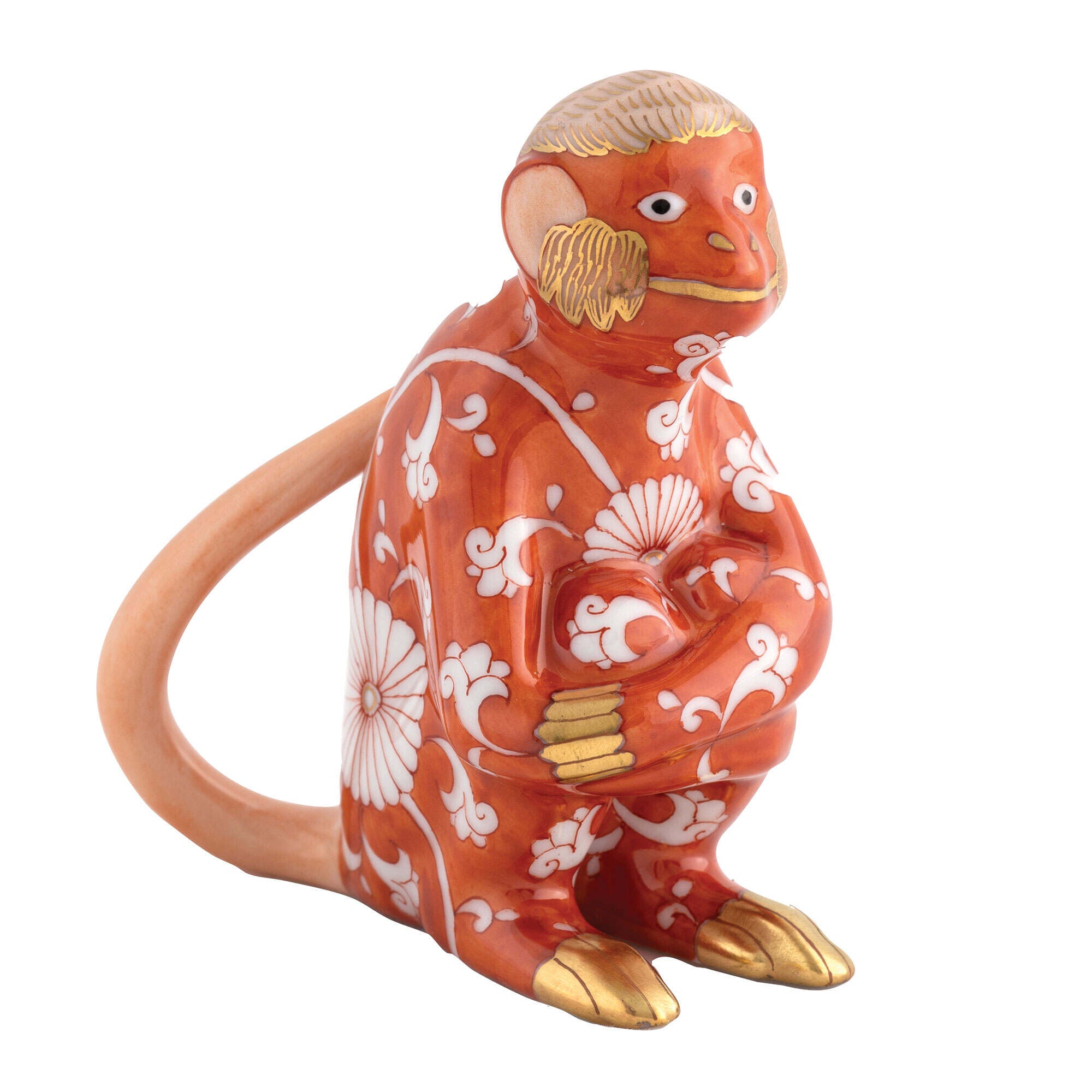 Hand-painted Herend Monkey Figurine in fine porcelain, 2.75in H, on a white background