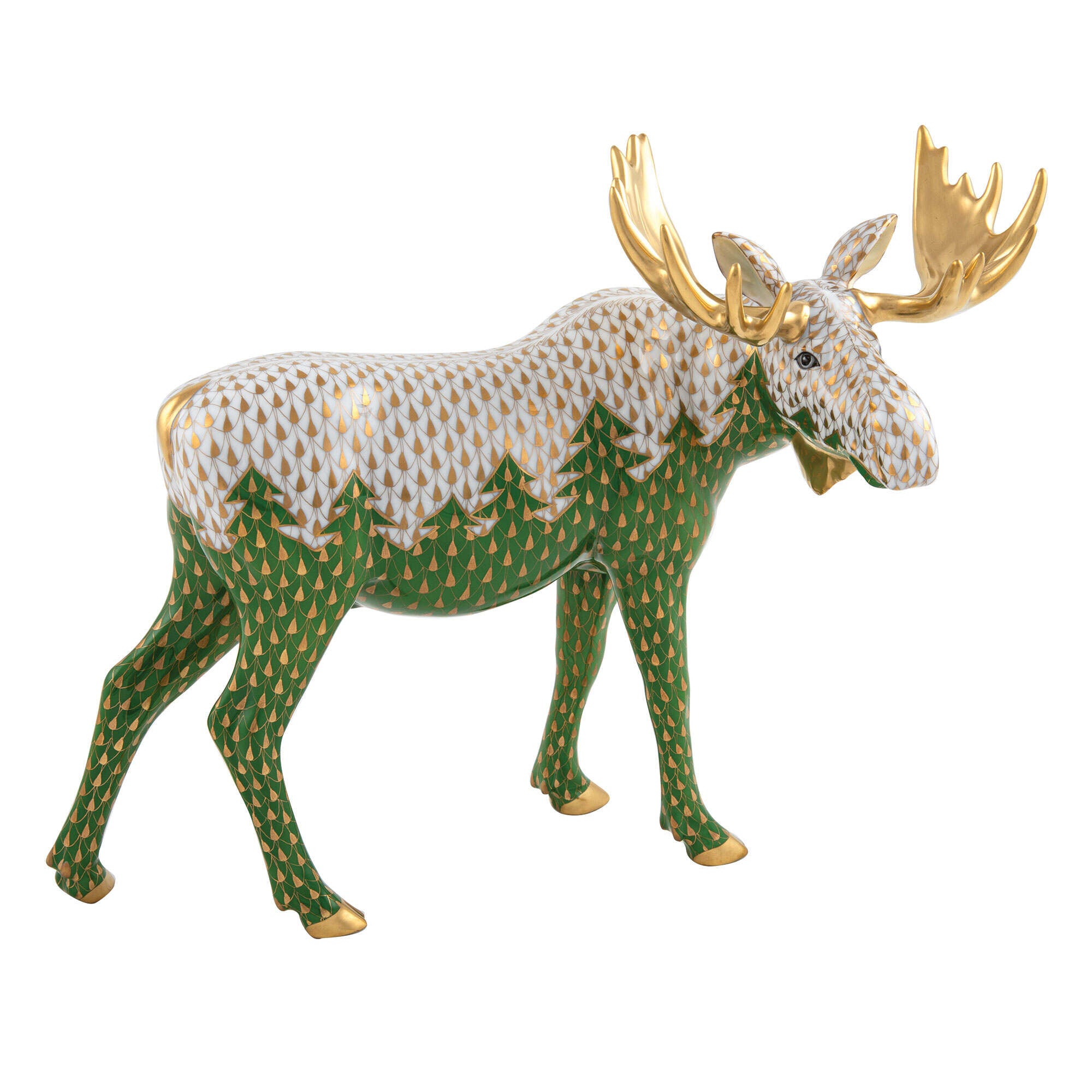 Herend Moose Figurine porcelain figurine painted in the Gold-Forest-Green fishnet pattern
