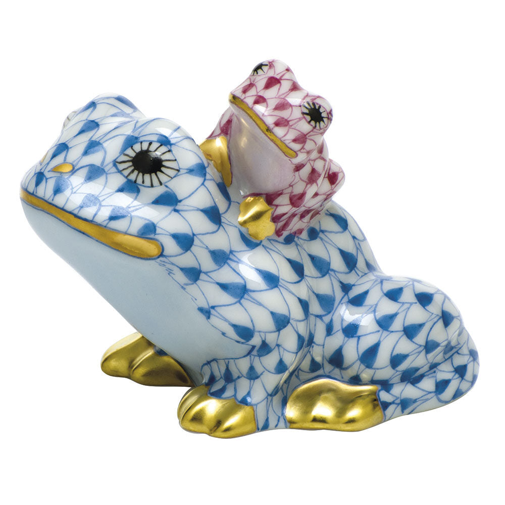 Hand-painted Herend Mother and Baby Frog Figurine in Blue-Raspberry fishnet porcelain on a white background