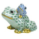 Hand-painted Herend Mother and Baby Frog Figurine in Green-Blue fishnet porcelain on a white background