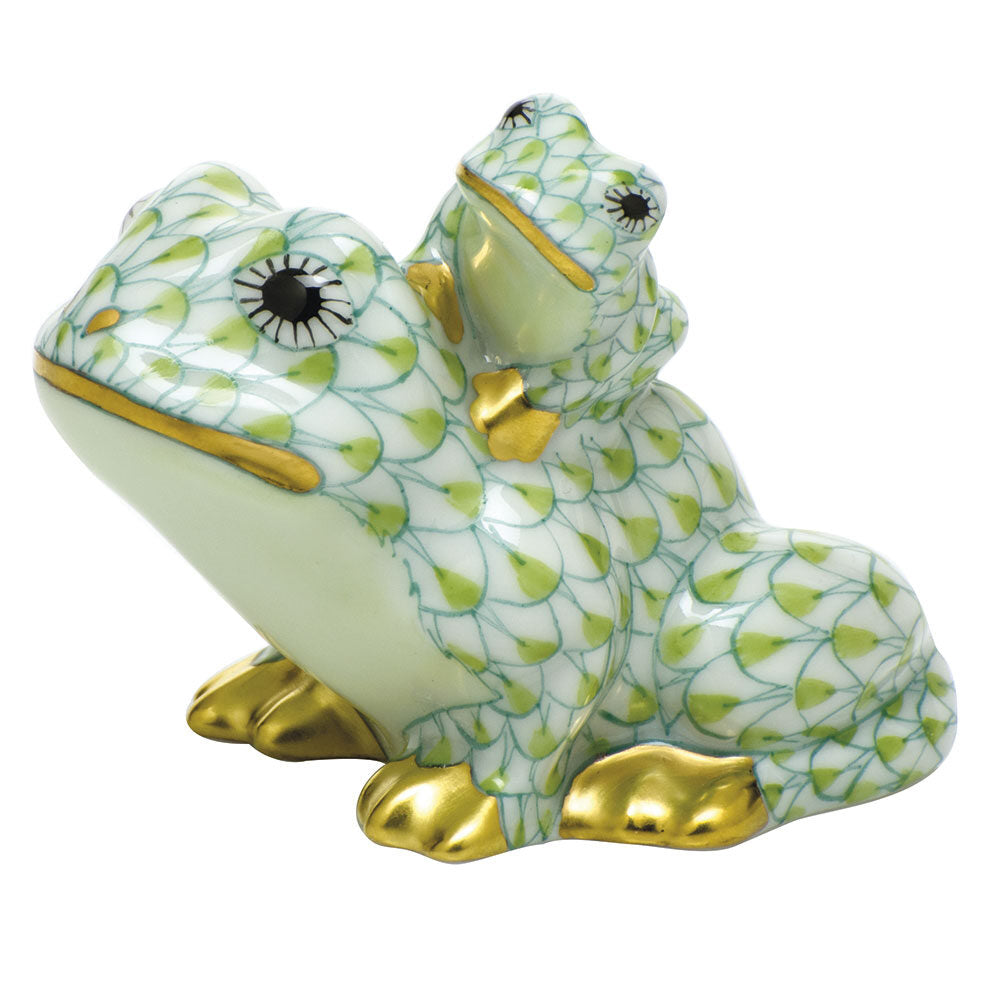 Herend Mother and Baby Frog Figurine porcelain figurine painted in the Key Lime fishnet pattern