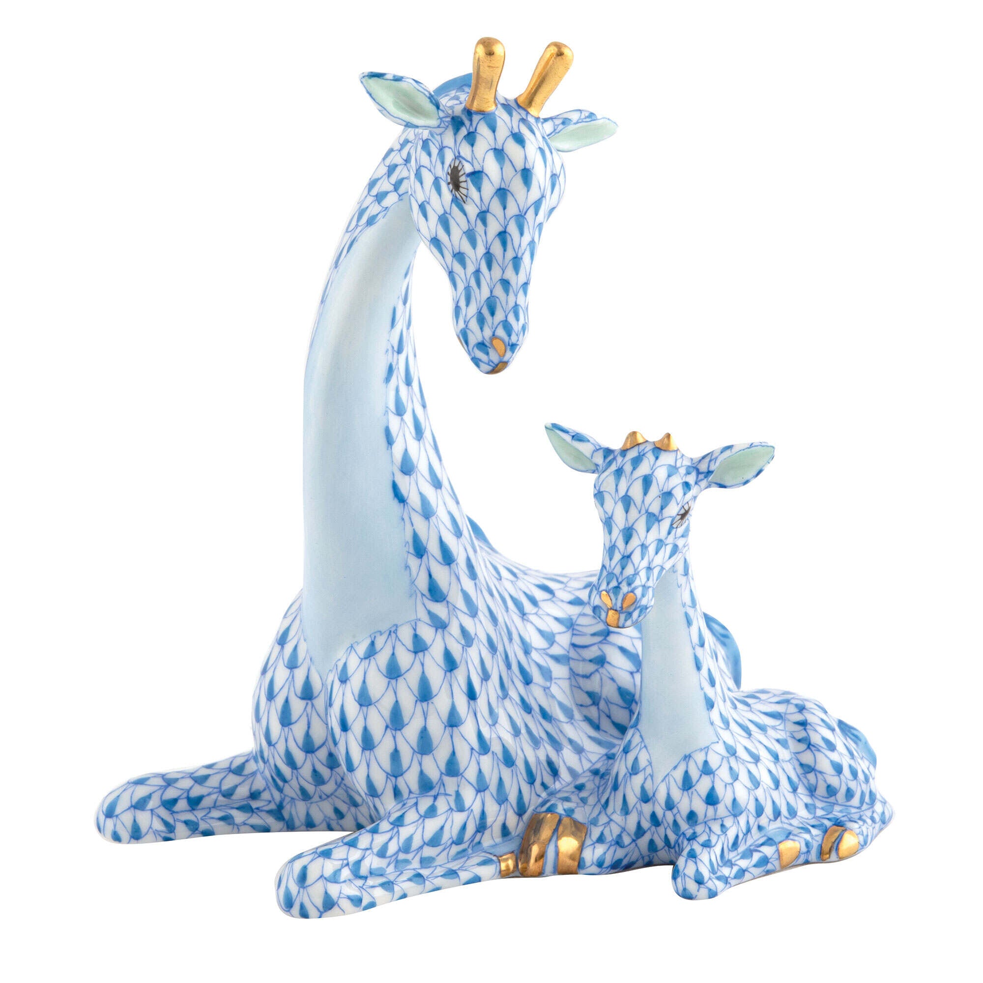 Herend Mother and Baby Giraffe Figurine porcelain figurine painted in the Blue fishnet pattern