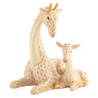 Hand-painted Herend Mother and Baby Giraffe Figurine in Butterscotch fishnet porcelain on a white background