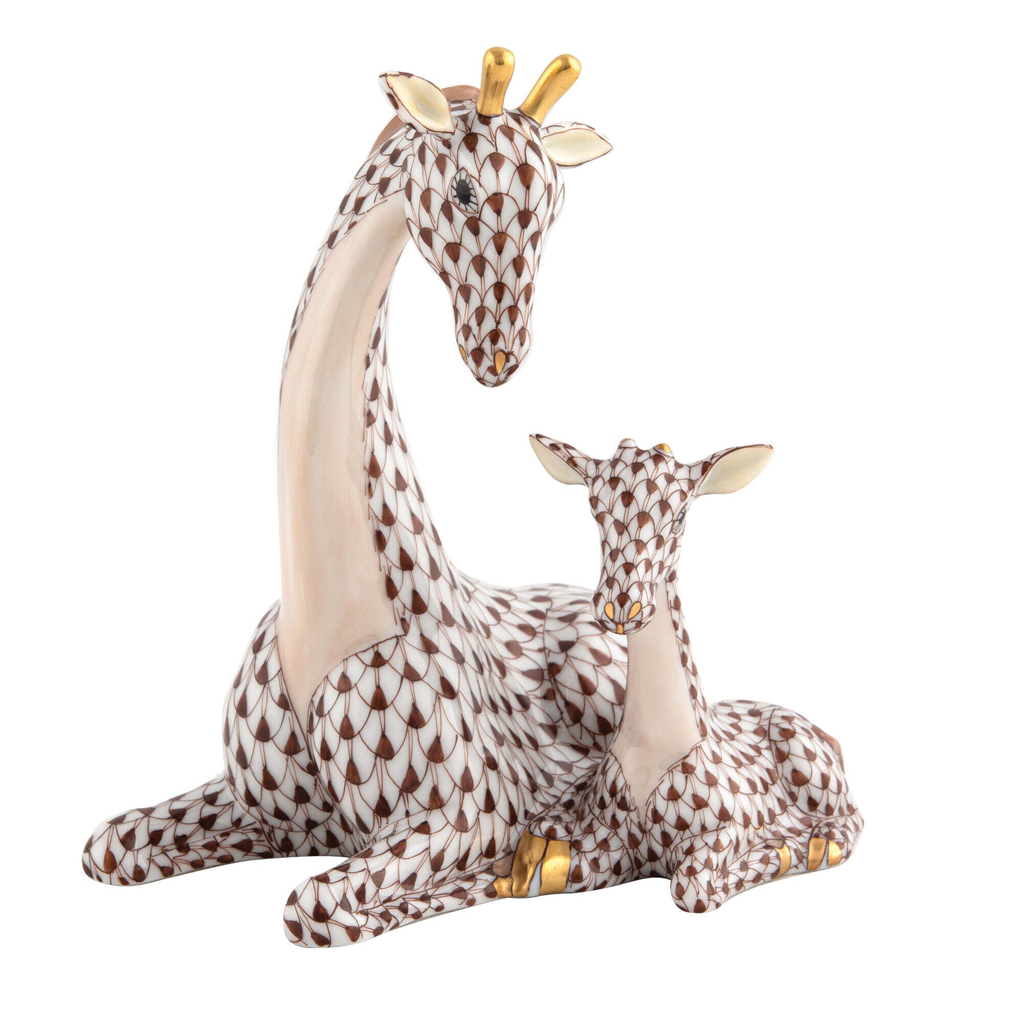 Chocolate fishnet Mother and Baby Giraffe Figurine figurine, hand-painted Herend porcelain with 24k gold accents