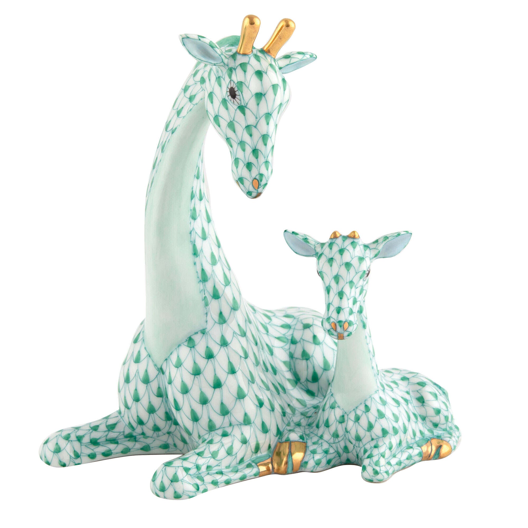 Mother and Baby Giraffe Figurine in hand-painted Green porcelain by Herend of Hungary