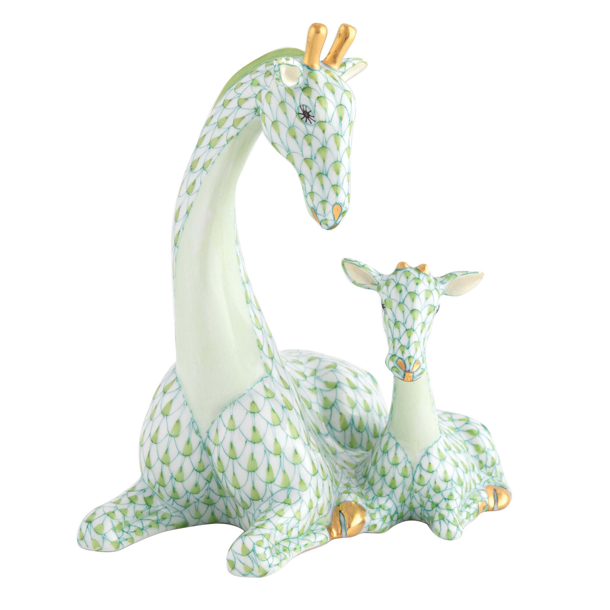 Herend Mother and Baby Giraffe Figurine porcelain figurine painted in the Key Lime fishnet pattern