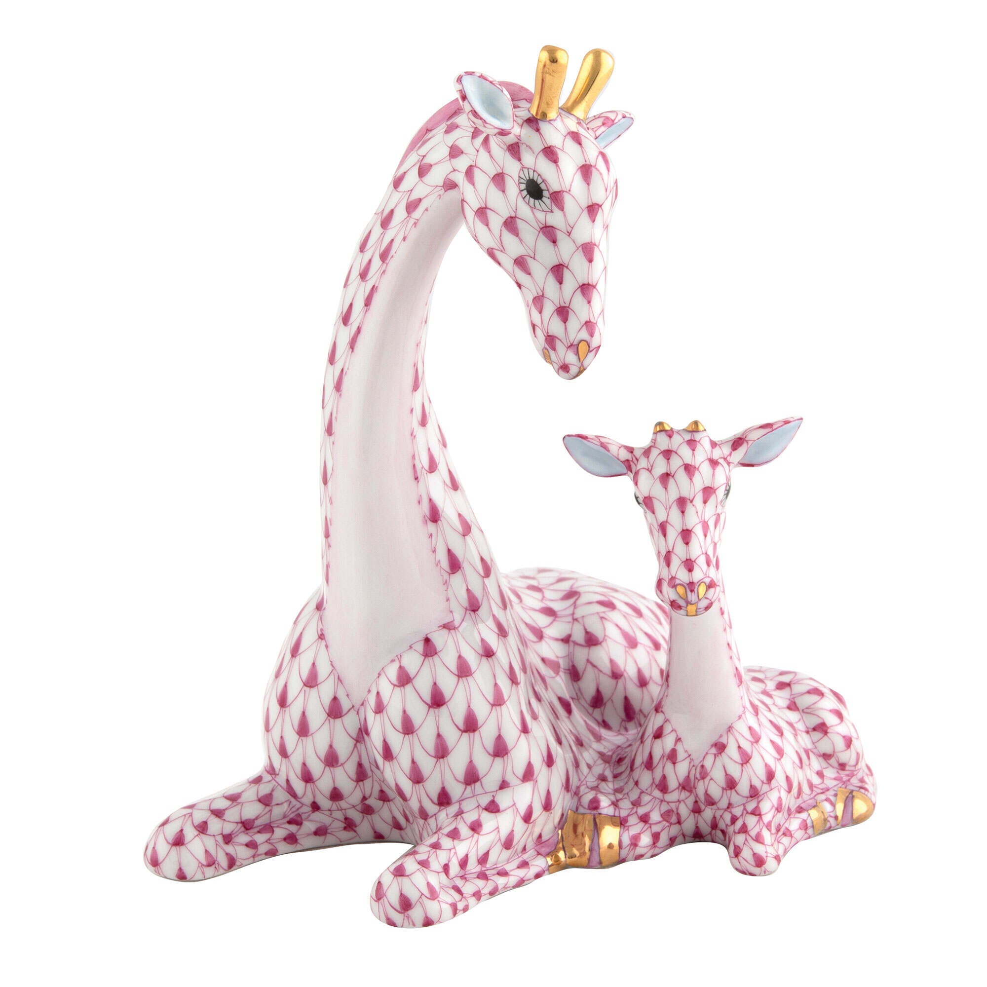 Raspberry fishnet Mother and Baby Giraffe Figurine figurine, hand-painted Herend porcelain with 24k gold accents