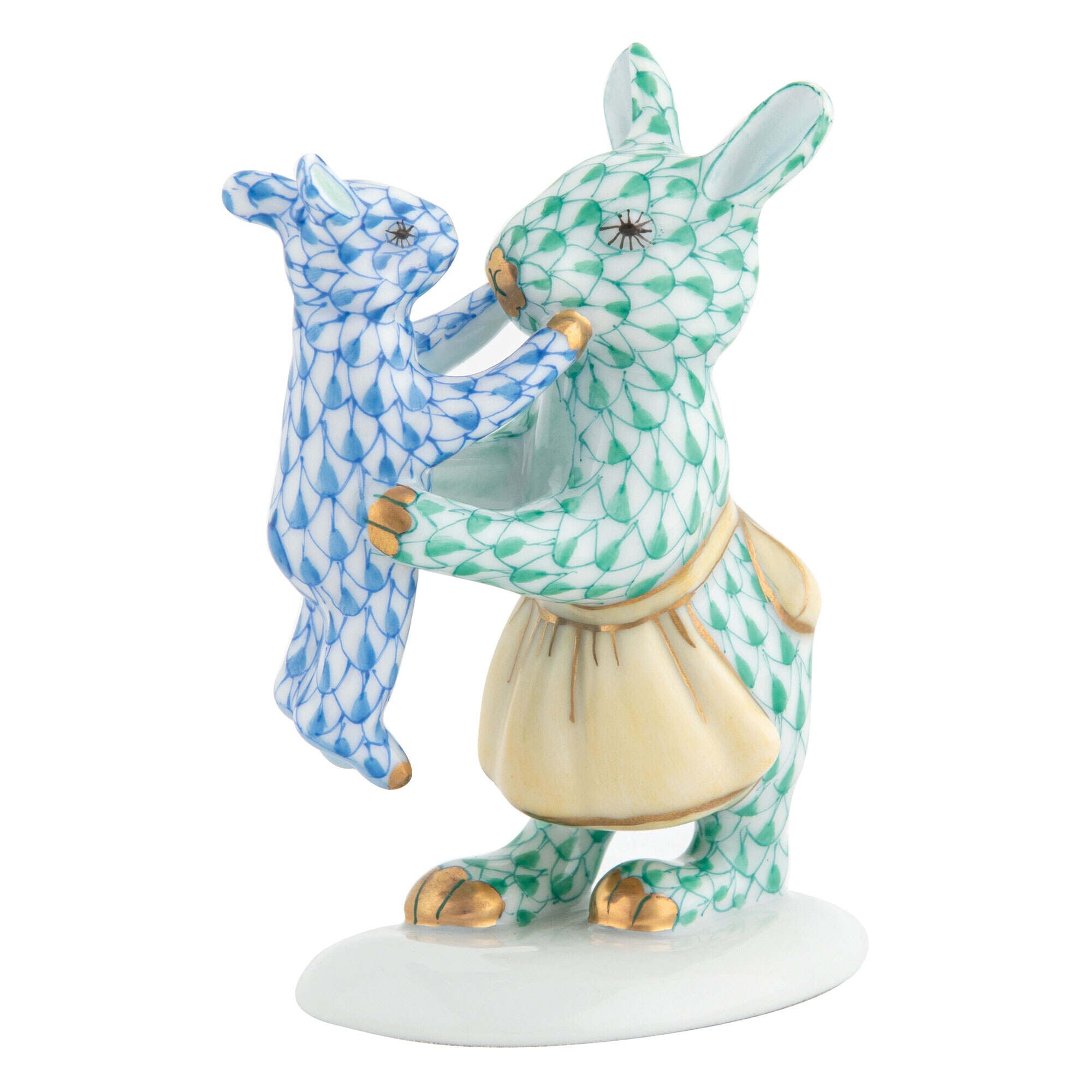 Herend Mother Bunny with Child Figurine porcelain figurine painted in the Green-Blue fishnet pattern