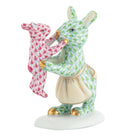 Hand-painted Herend Mother Bunny with Child Figurine in Key Lime-Raspberry fishnet porcelain on a white background