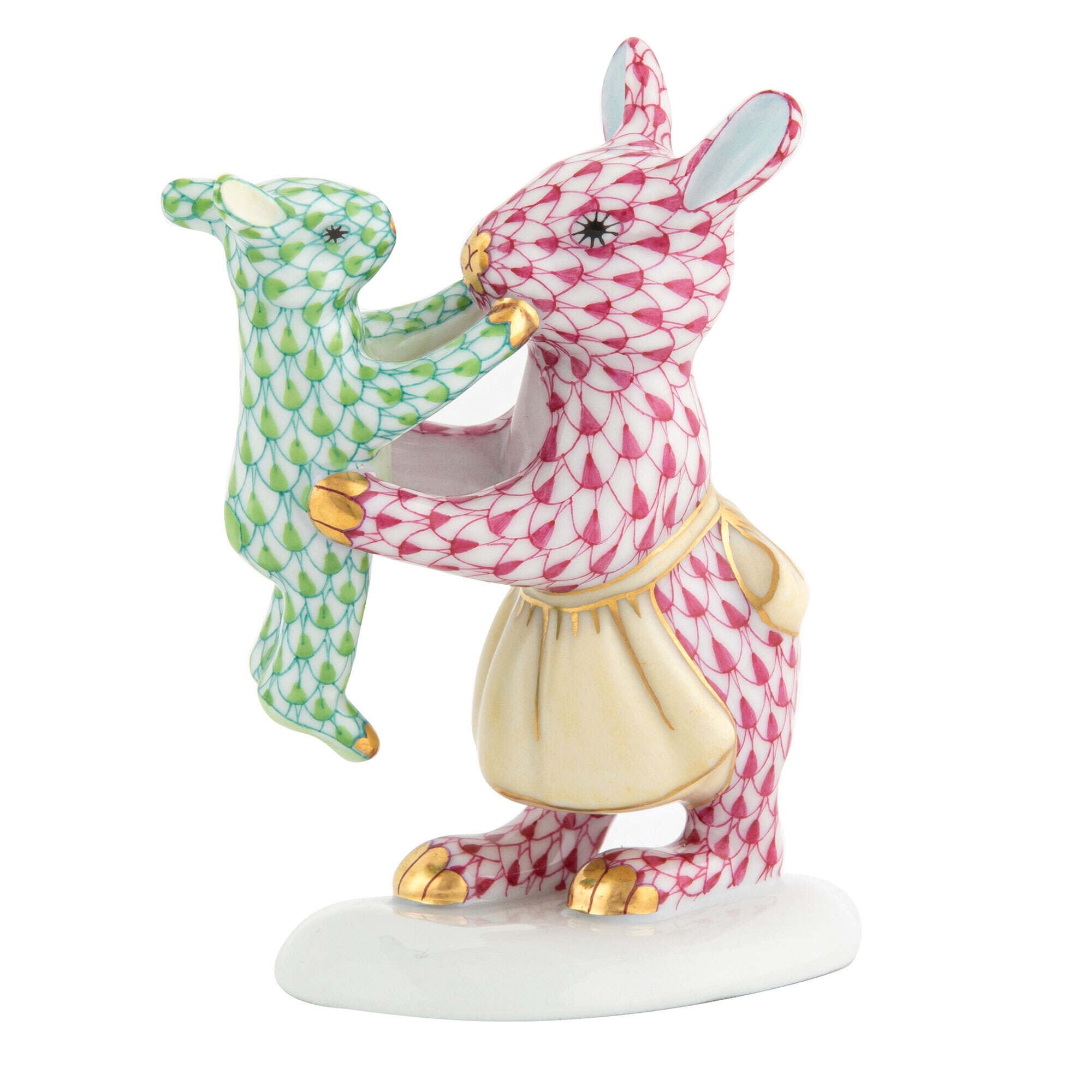 Mother Bunny with Child Figurine in hand-painted Raspberry-Key Lime porcelain by Herend of Hungary