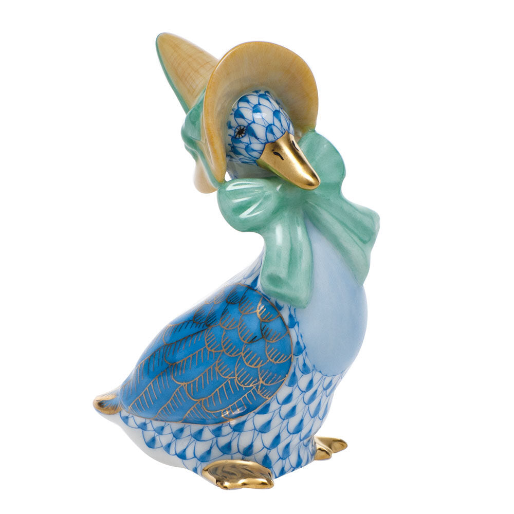 Hand-painted Herend Mother Goose Figurine in Blue fishnet porcelain on a white background
