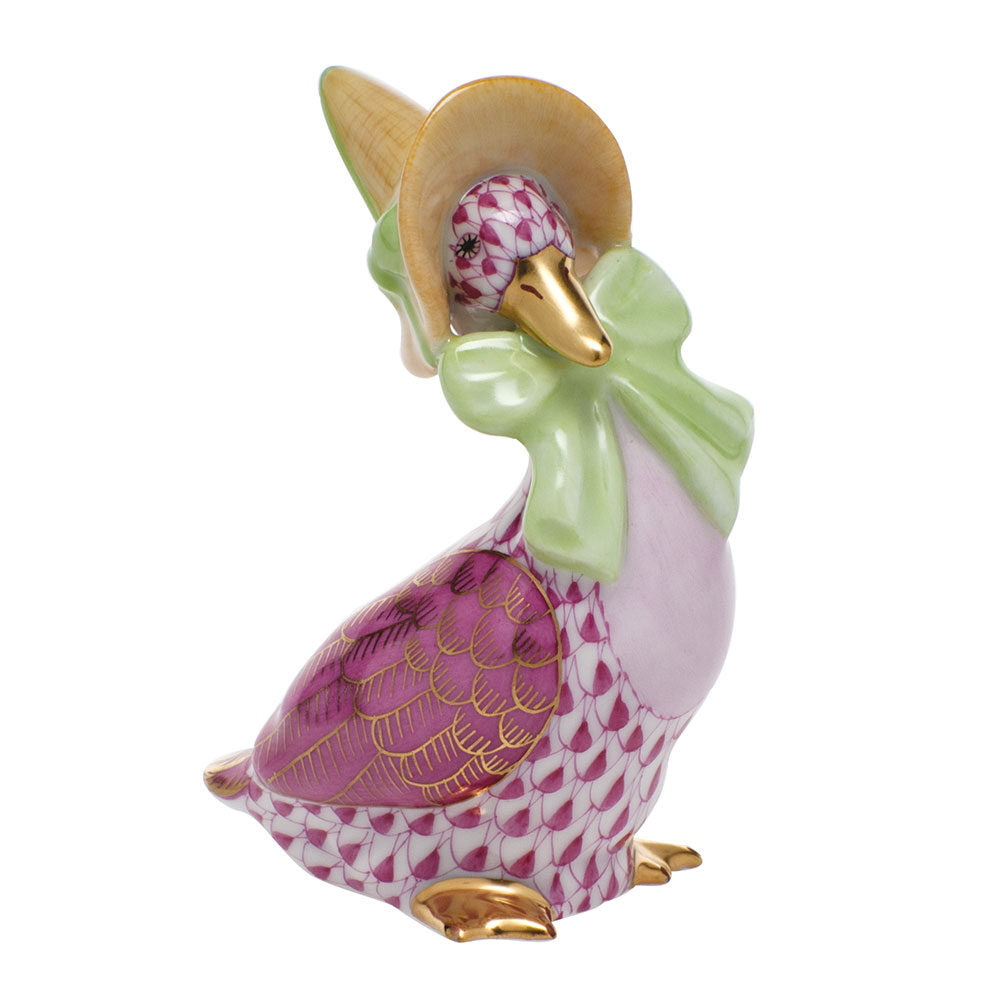 Hand-painted Herend Mother Goose Figurine in Raspberry fishnet porcelain on a white background