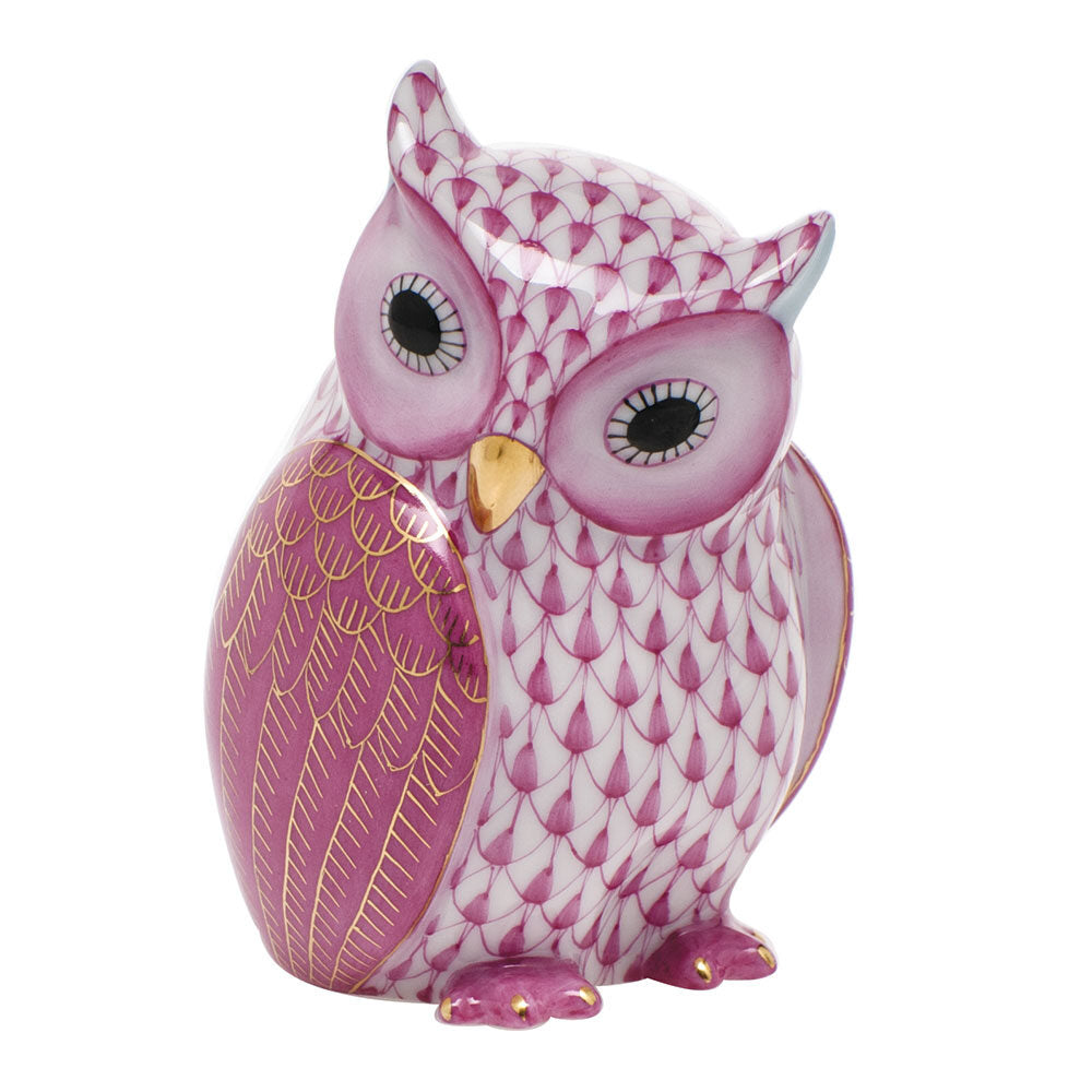Raspberry fishnet Mother Owl Figurine figurine, hand-painted Herend porcelain with 24k gold accents