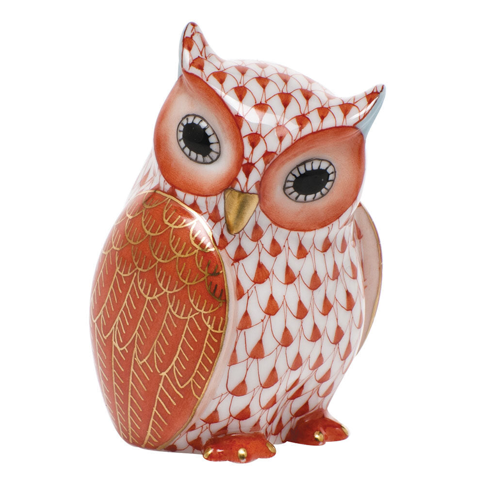 Hand-painted Herend Mother Owl Figurine in Rust fishnet porcelain on a white background