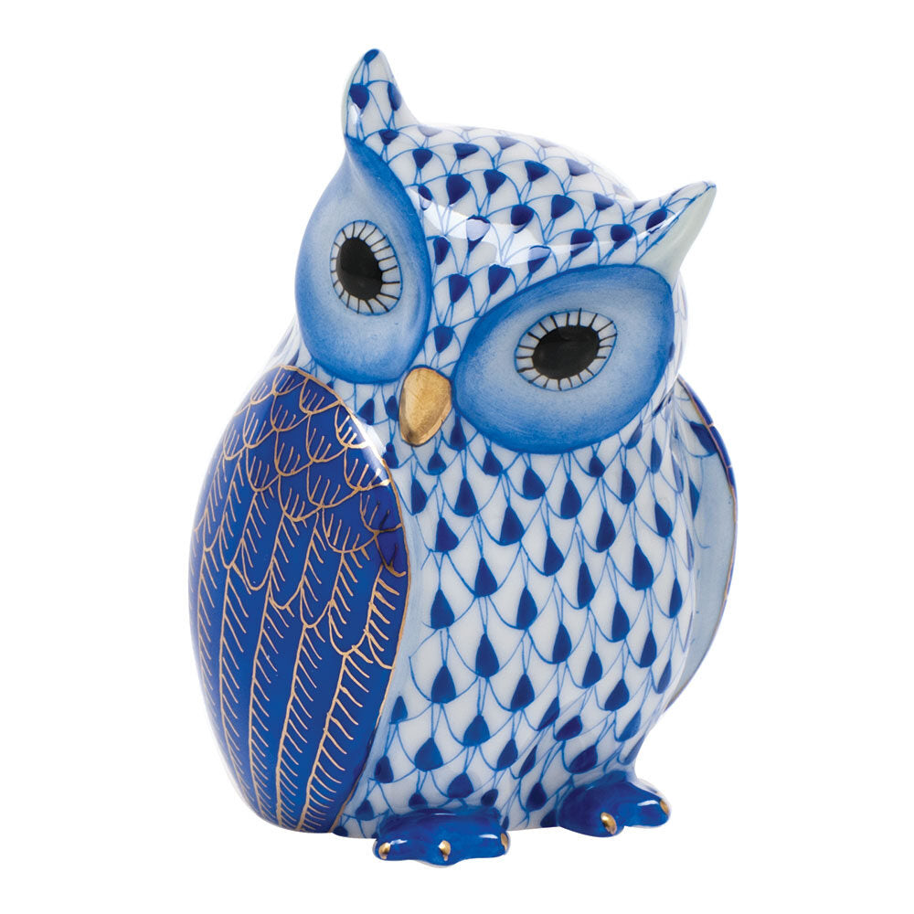 Herend Mother Owl Figurine porcelain figurine painted in the Sapphire fishnet pattern