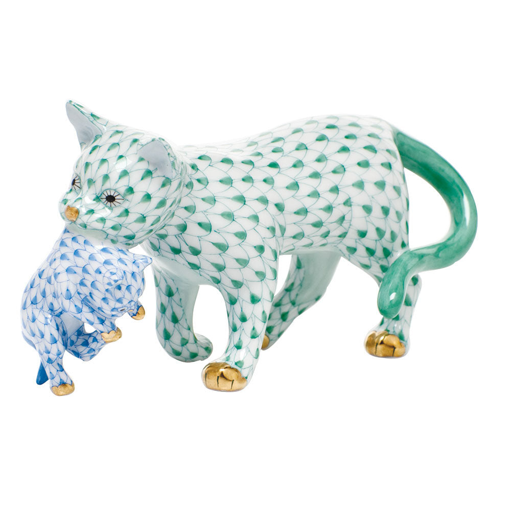 Herend Motherly Love Figurine porcelain figurine painted in the Green-Blue fishnet pattern
