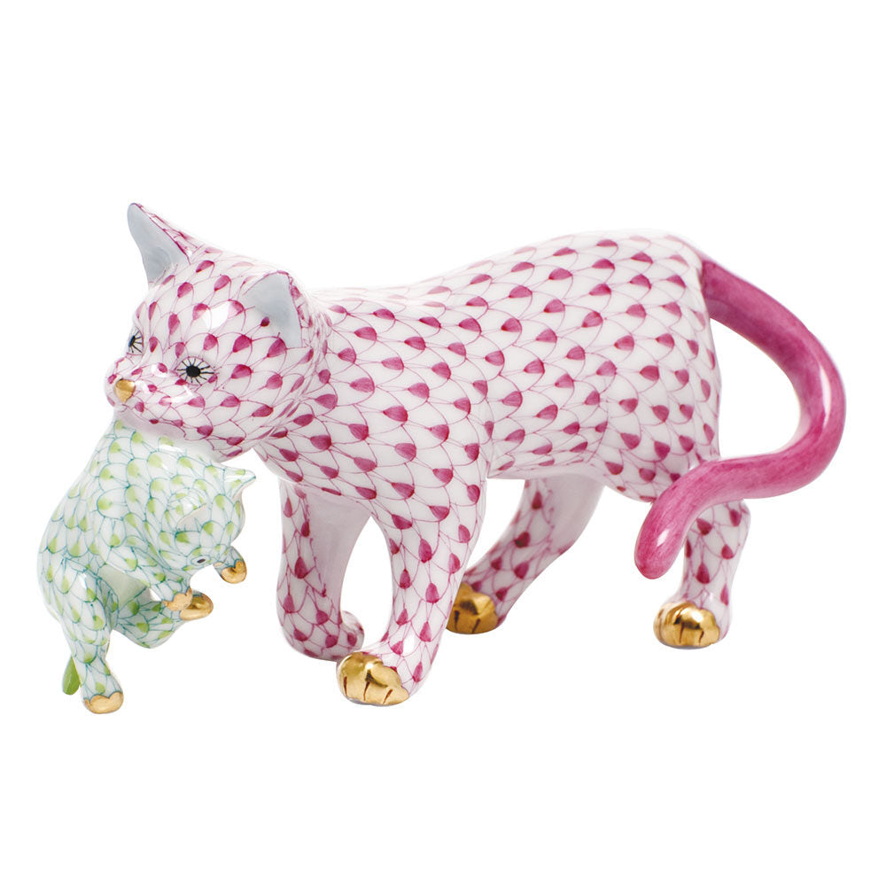 Hand-painted Herend Motherly Love Figurine in Raspberry-Key Lime fishnet porcelain on a white background