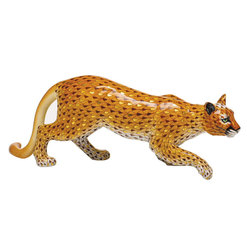 Hand-painted Herend Mountain Lion Figurine in fine porcelain, 12.25in L X 3.25in W X 4.5in H, on a white background