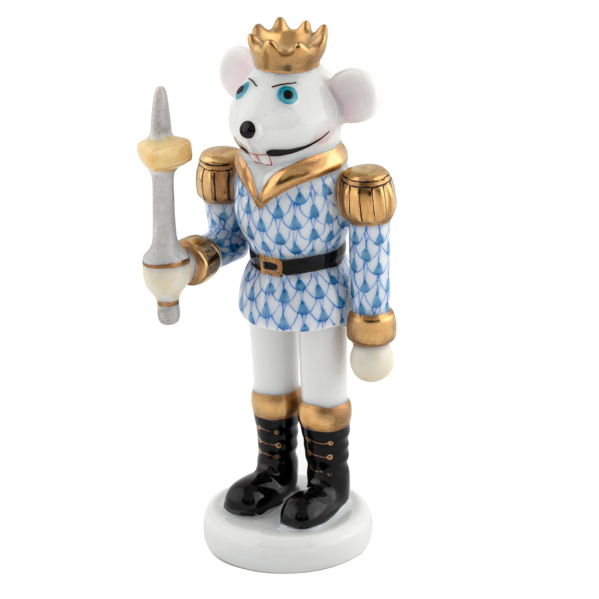 Hand-painted Herend Mouse King Nutcracker Figurine in Blue fishnet porcelain on a white background