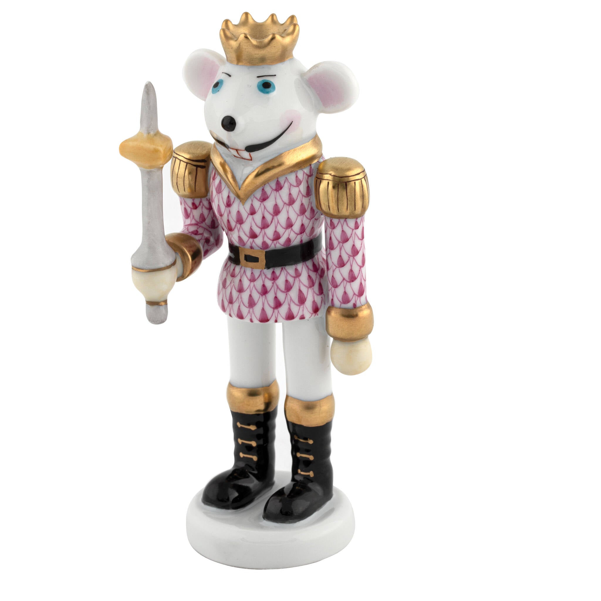Hand-painted Herend Mouse King Nutcracker Figurine in Raspberry fishnet porcelain on a white background