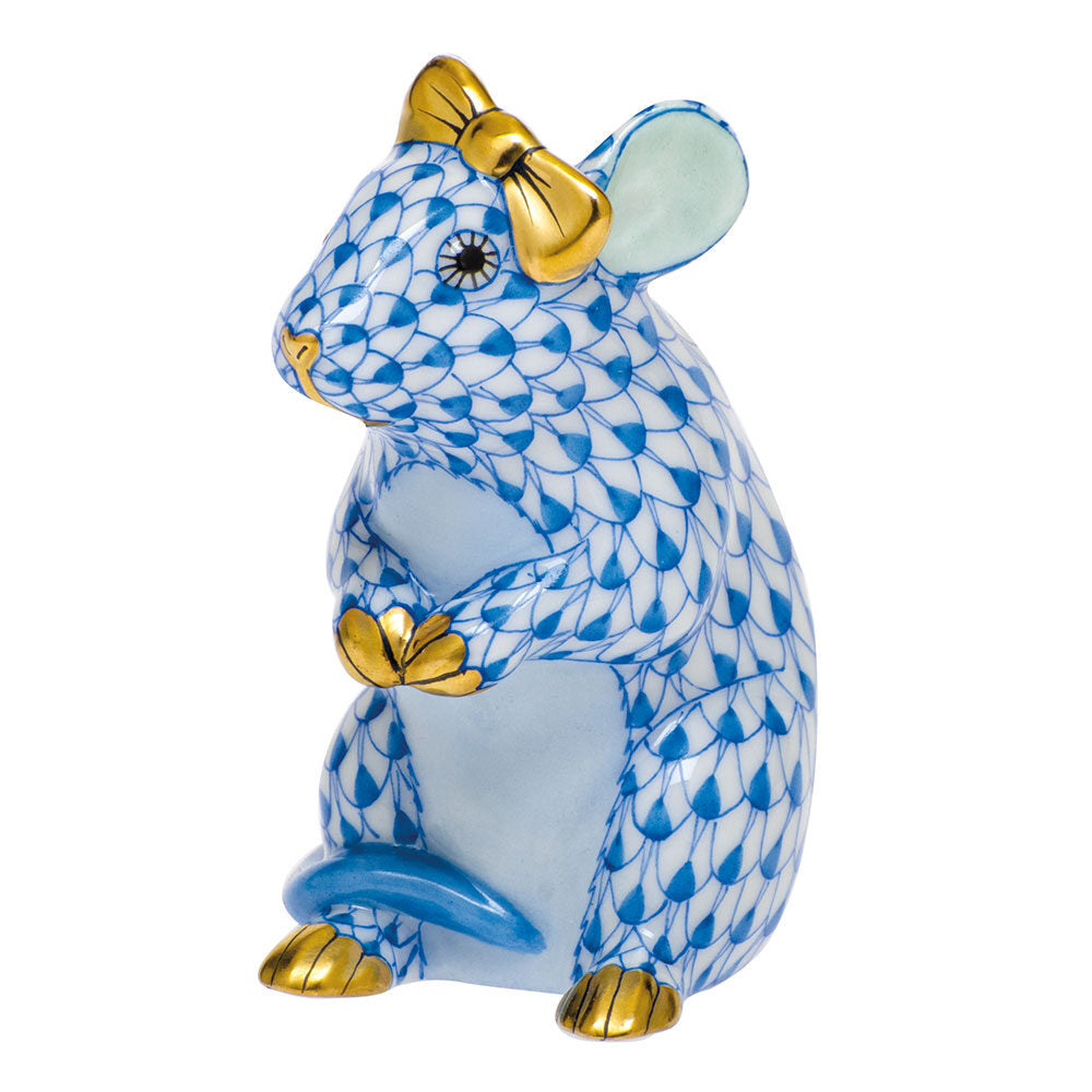 Mouse with Bow Figurine in hand-painted Blue porcelain by Herend of Hungary