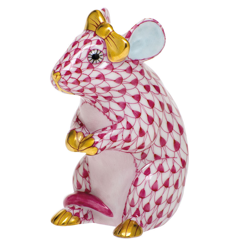 Herend Mouse with Bow Figurine porcelain figurine painted in the Raspberry fishnet pattern