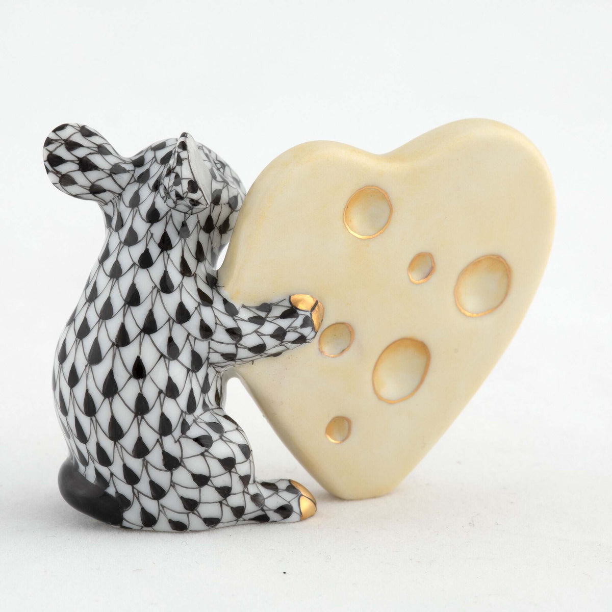 Herend Mouse with Heart Cheese Figurine – Black, alternate view