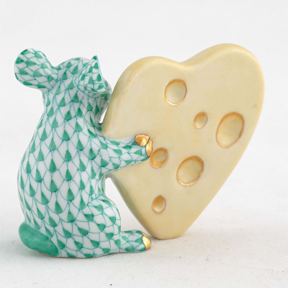 Herend Mouse with Heart Cheese Figurine – Green, alternate view