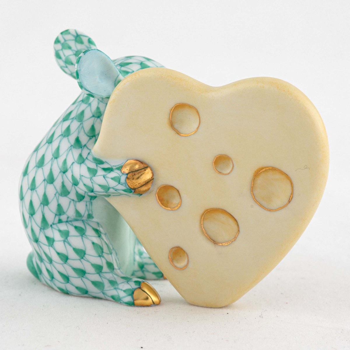 Herend Mouse with Heart Cheese Figurine – Green, alternate view