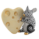 Hand-painted Herend Mouse with Heart Cheese Figurine in Black fishnet porcelain on a white background